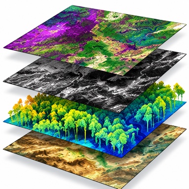 Four aligned geospatial layers showing false-color imagery, grayscale imagery, forest structure and terrain.
