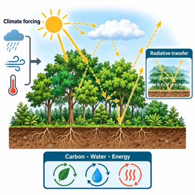 Forest canopy and roots with climate forcing, radiative transfer, and carbon, water and energy processes.