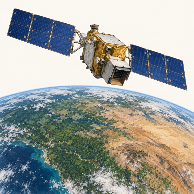 An Earth-observing satellite above forest and dryland terrain.